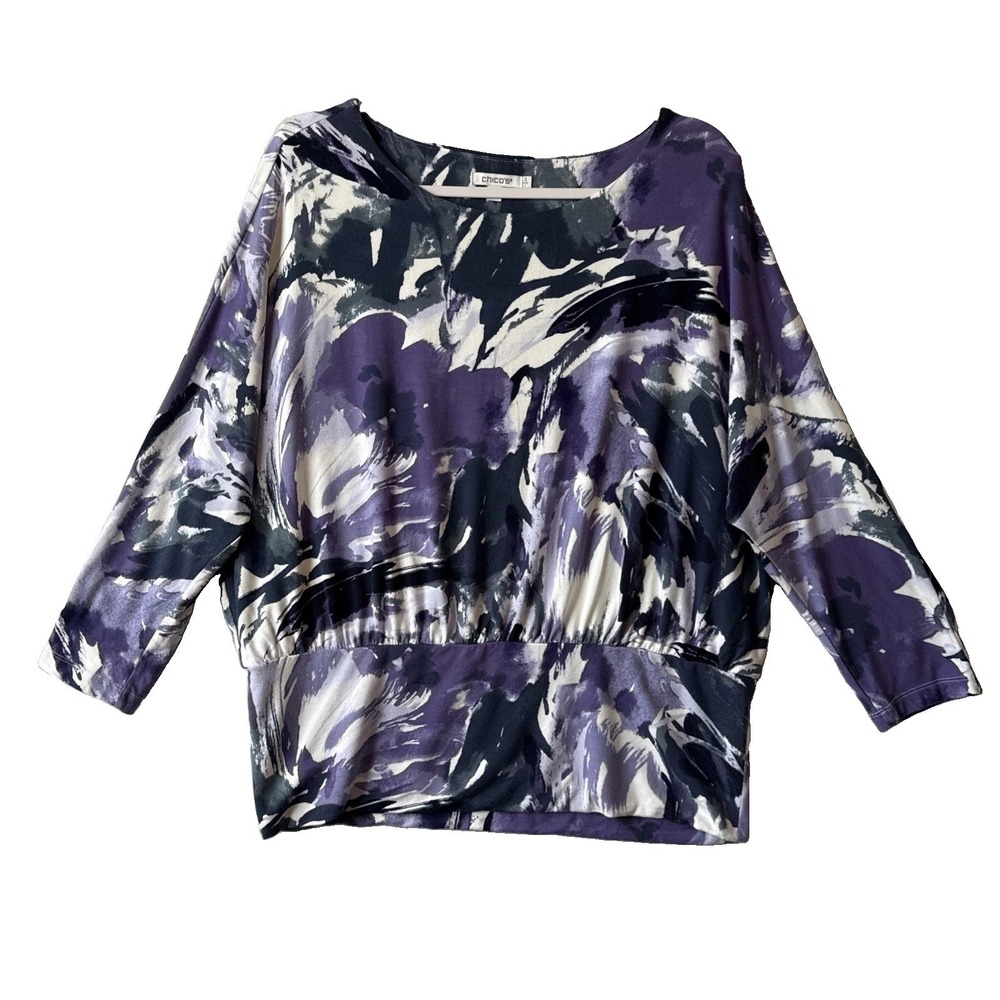 Chico's Easywear Purple Abstract 3/4 Dolman Drape Top 2, US‎ L Boho Art Chic